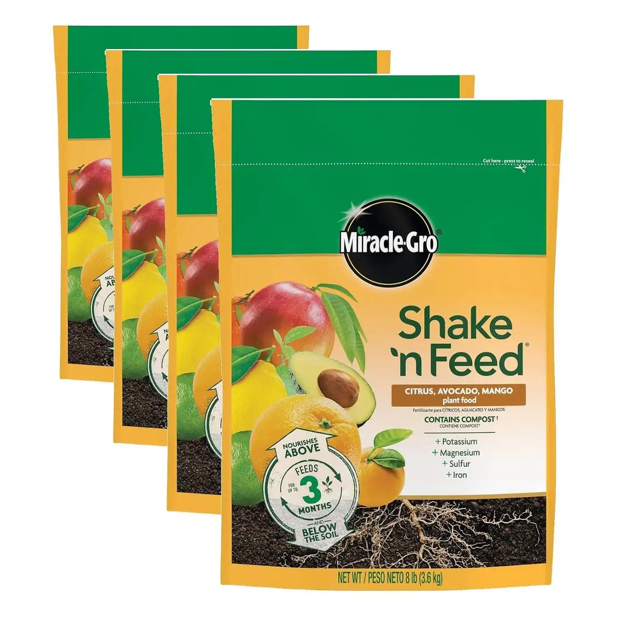 Miracle-Gro Shake 'N Feed Citrus, Avocado, Mango Plant Food - Fertilizer for Container and In-Ground Plants, Citrus, Avocado and Mango Trees, 8 lb. (Pack of 4)