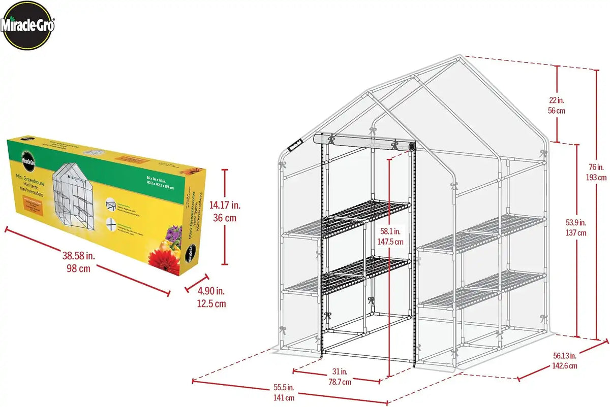 Miracle-Gro Walk-in Greenhouse, Removable Shelves, Clear, 4'8" Square