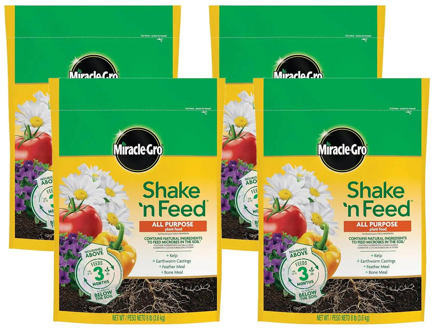 Miracle-Gro Shake 'N Feed All Purpose Plant Food - Outdoor and Indoor Plant Food for In-Ground and Containers, Feeds for up to 3 Months, 8 lbs. (Pack of 4)