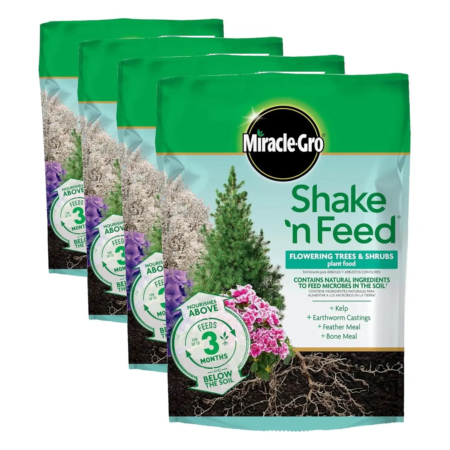 Miracle-Gro Shake 'N Feed Flowering Trees and Shrubs Plant Food, for In-Ground and Container Plants, Acid-Loving Flowering Plants, 8 lbs., (Pack of 4)
