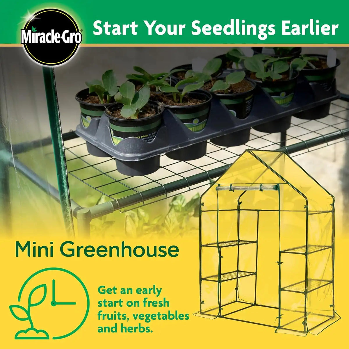 Miracle-Gro Walk-in Greenhouse, Removable Shelves, Clear, 4'8"x29"x6'5